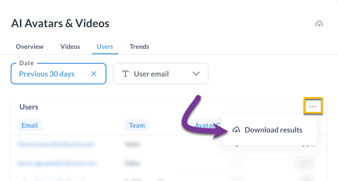Users table menu button expanded with option to download file selected