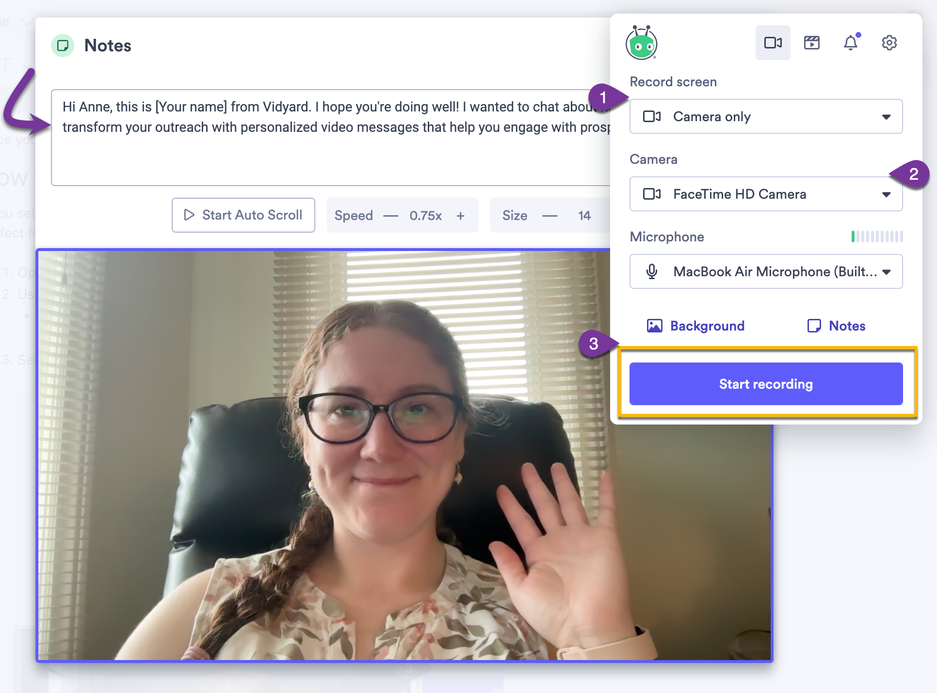 Vidyard browser extension camera recording showing full camera input on screen with notes