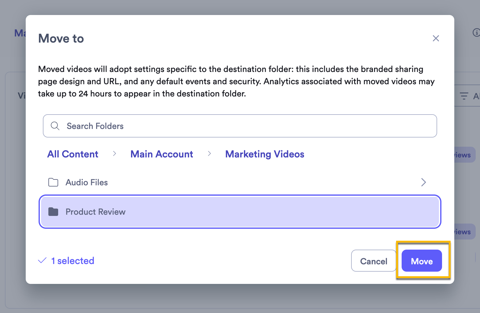 Vidyard folder list to select what folder to move into