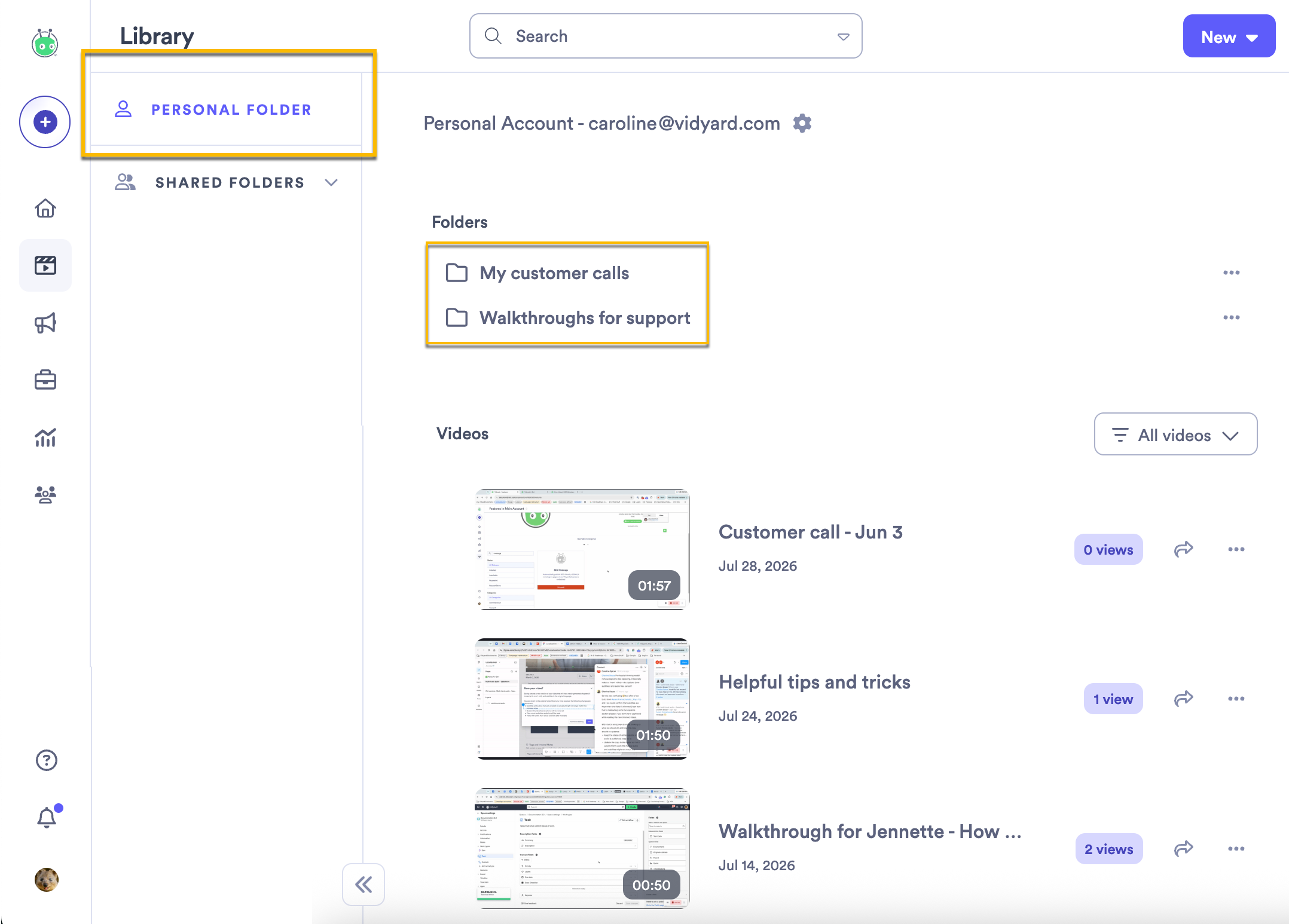 Personal folder in Vidyard with personal subfolders to help organize video content