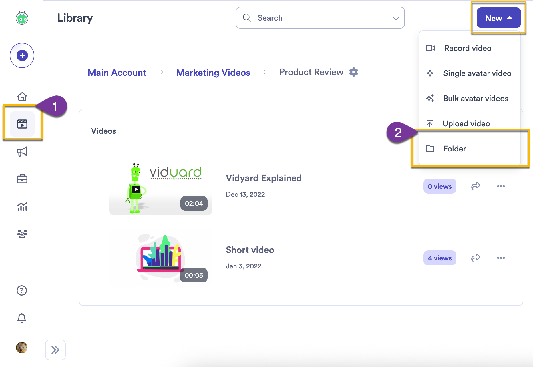 Vidyard library with New menu open to create folder