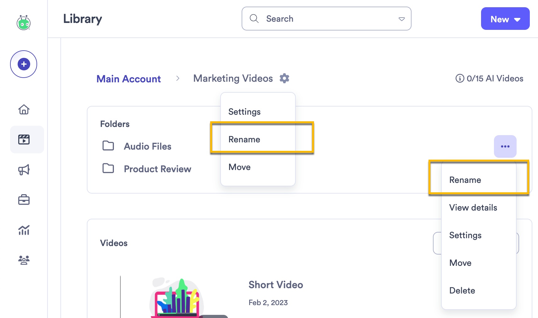 Renaming options in Vidyard library both in folder menu and folder settings cogwheel