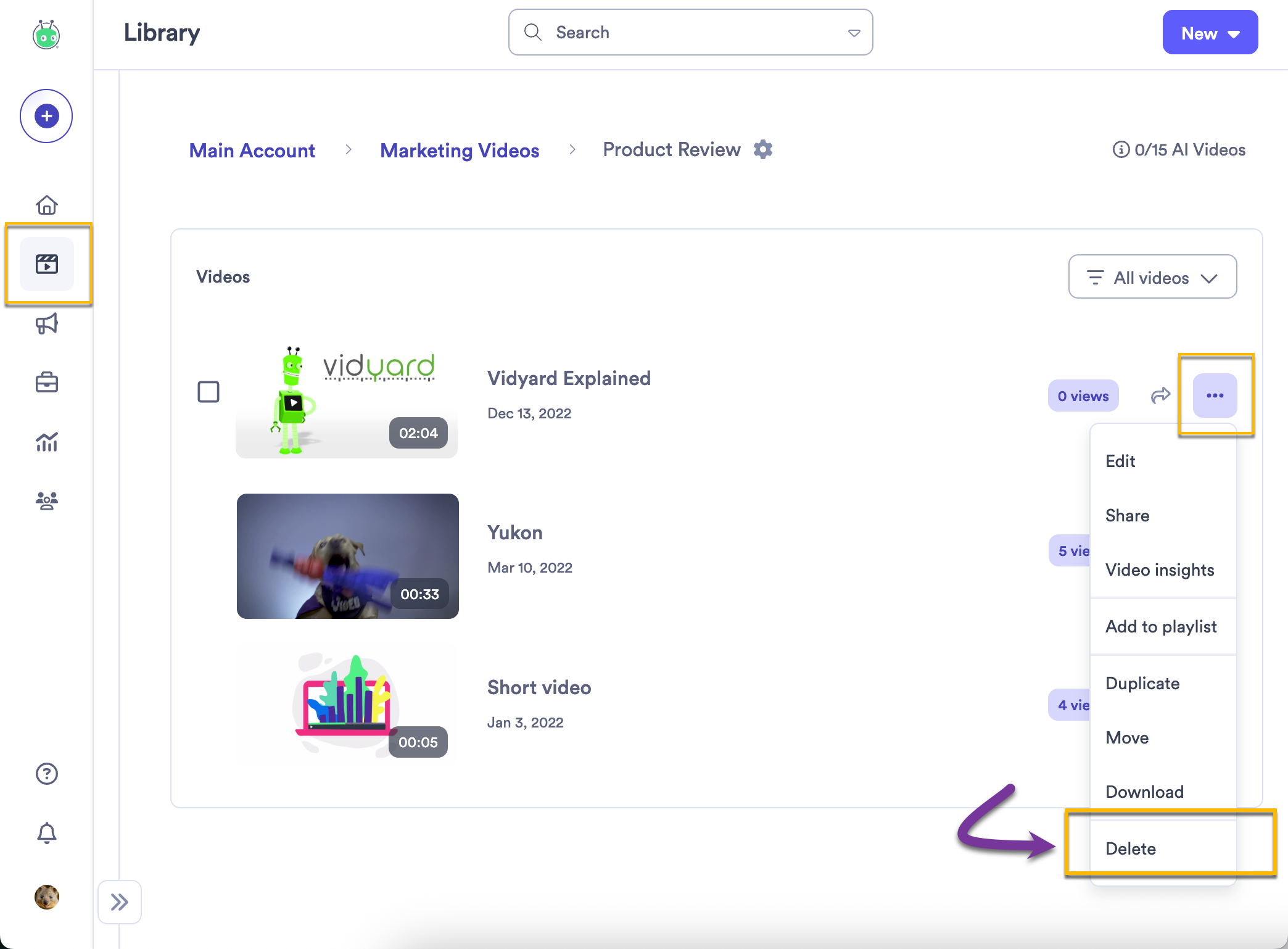 Vidyard library showing folder menu open with delete option selected
