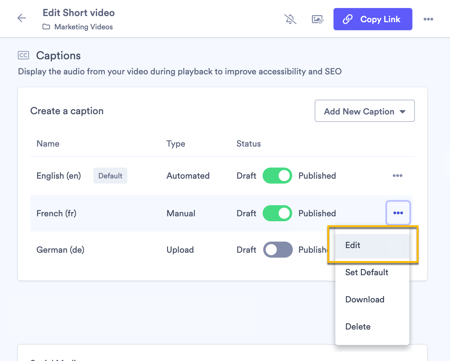 Captions menu open with edit option selected