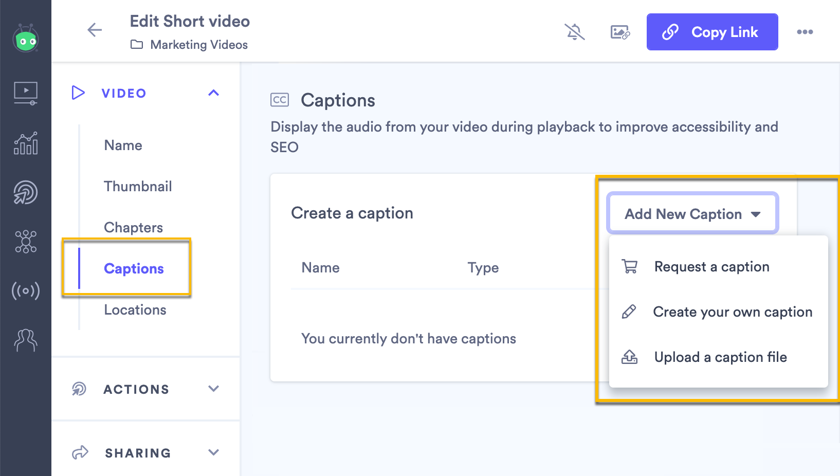 Video caption section showing add caption selection screen open and captioning options provided