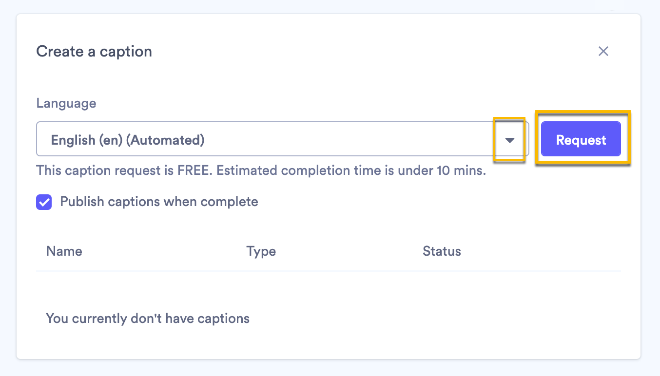 Video caption section highlighting language dropdown menu and button to press to request captions