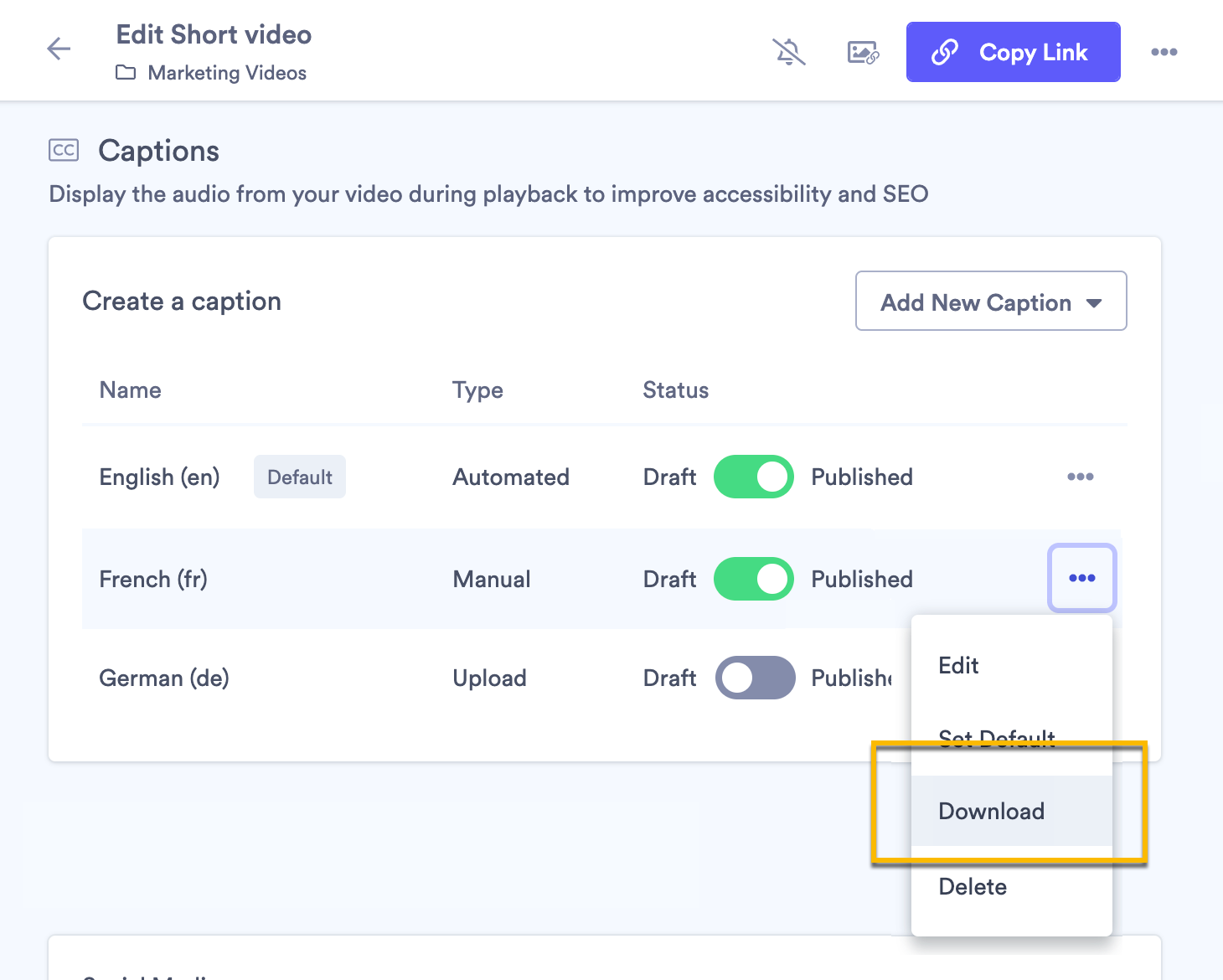 Captions menu open with download option selected