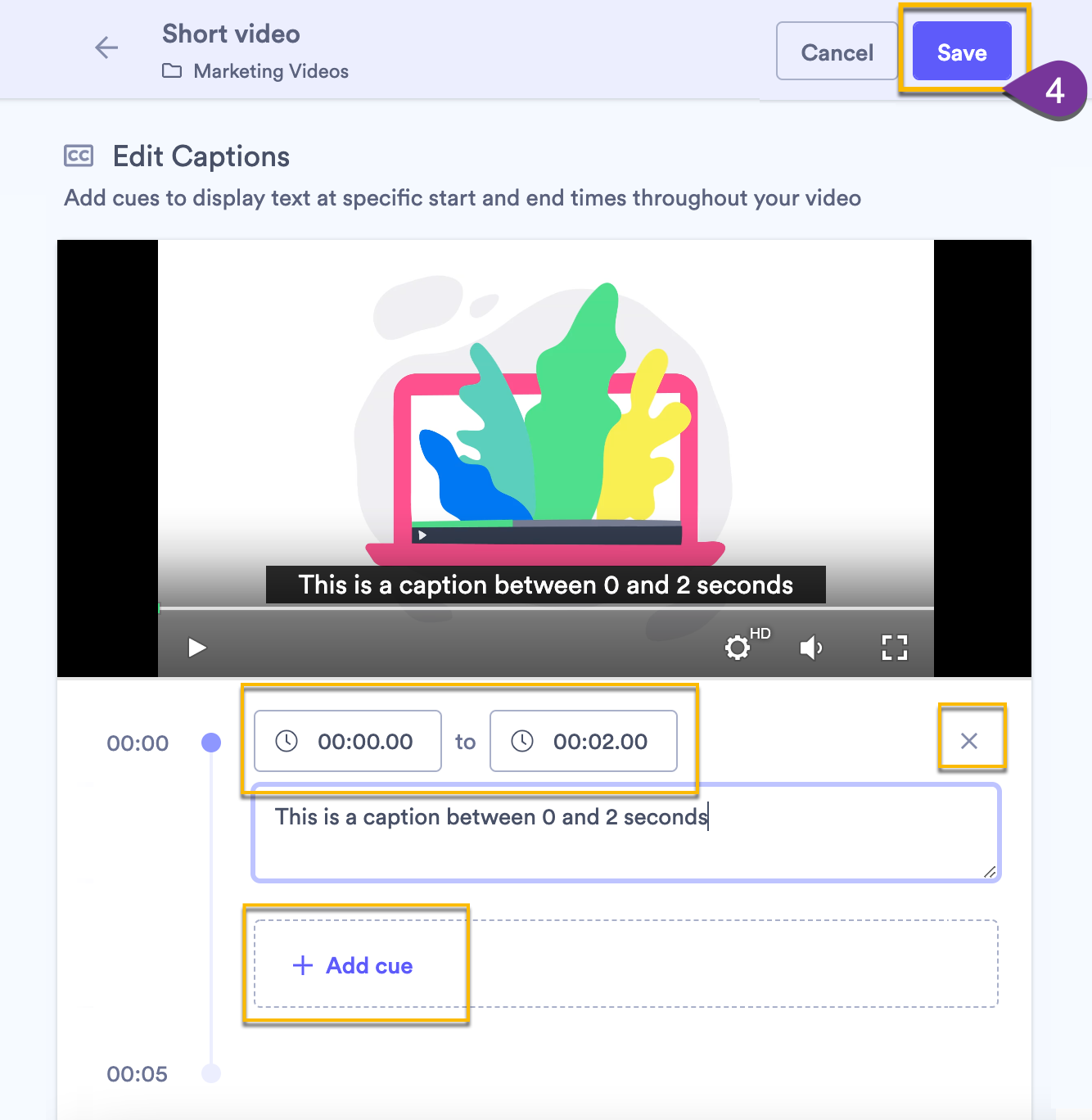 Caption editing screen open with ability to add, edit, delete, and save cues