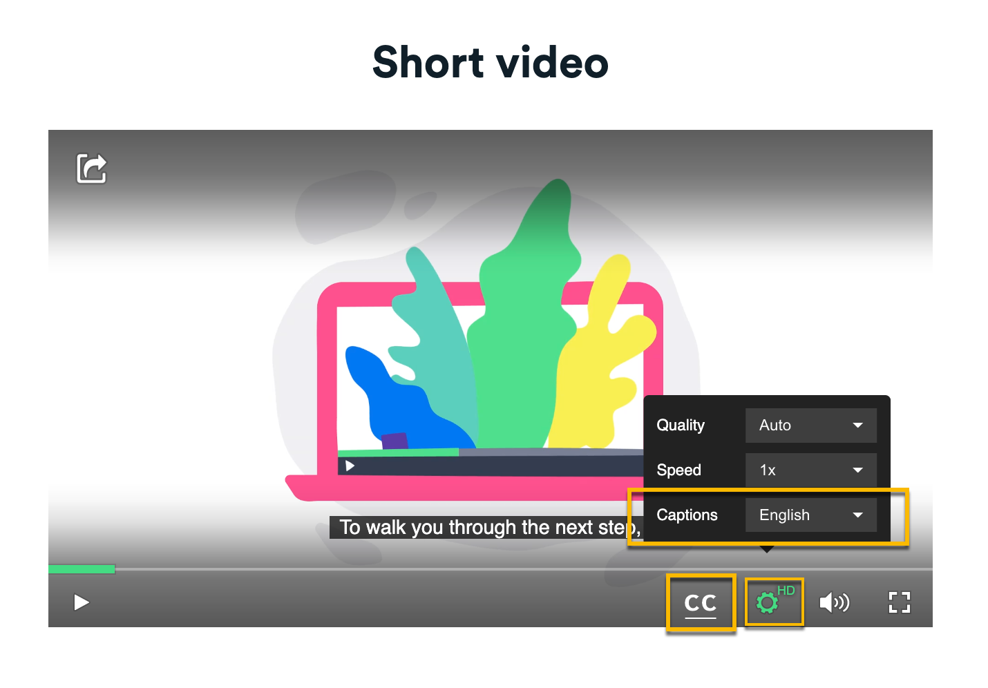 Video player with captions, caption button enabled and settings window open showing language options