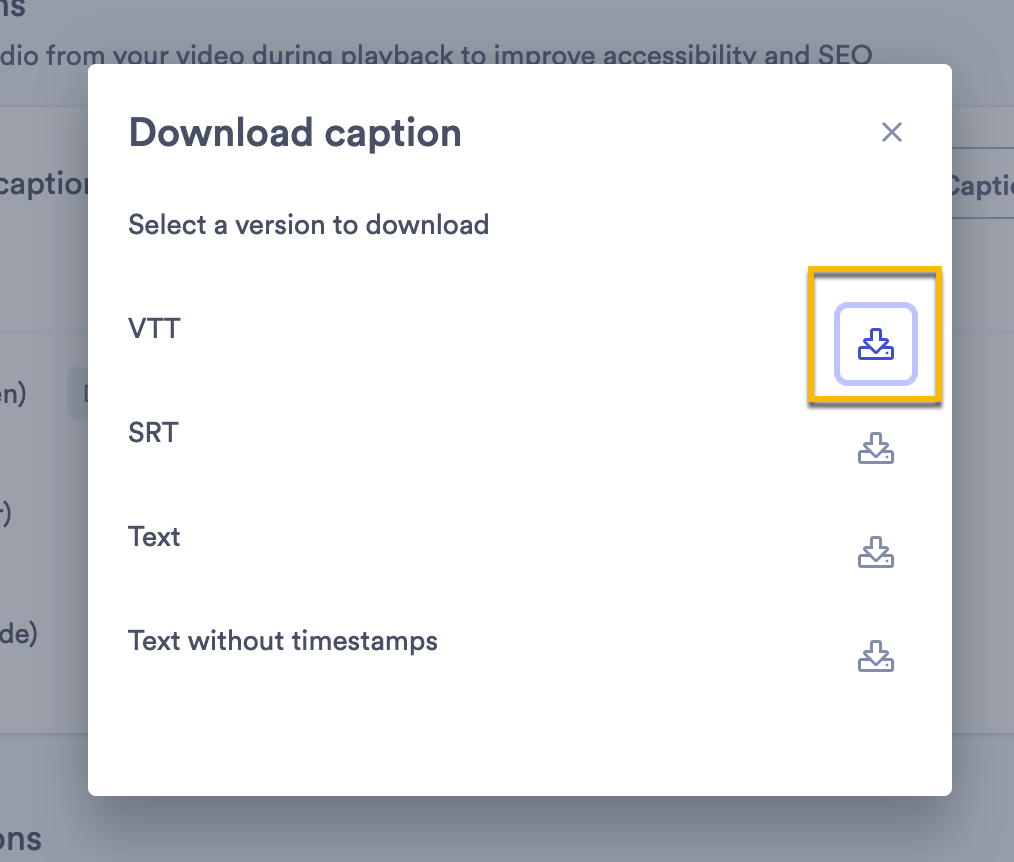 Caption download menu open with different formats available