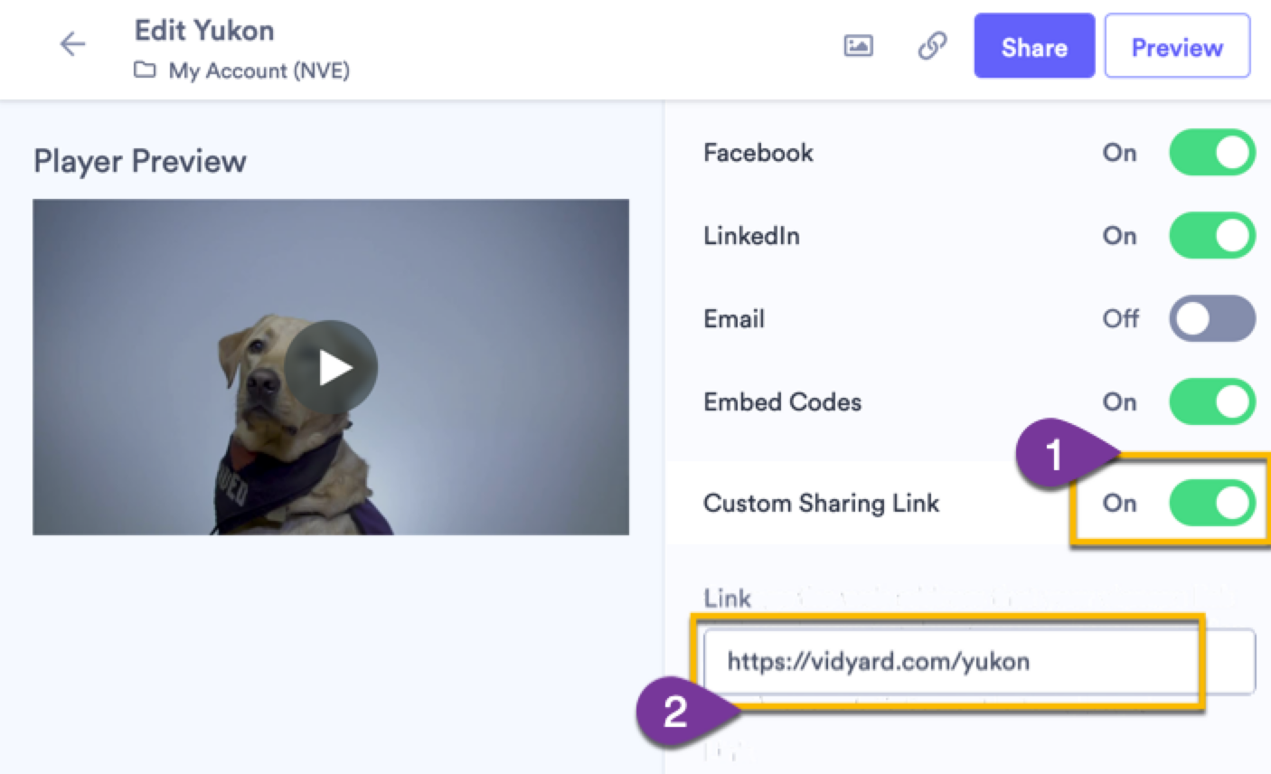 Changing the Custom Sharing Link setting to customize the web address where audiences referred to your videos are directed