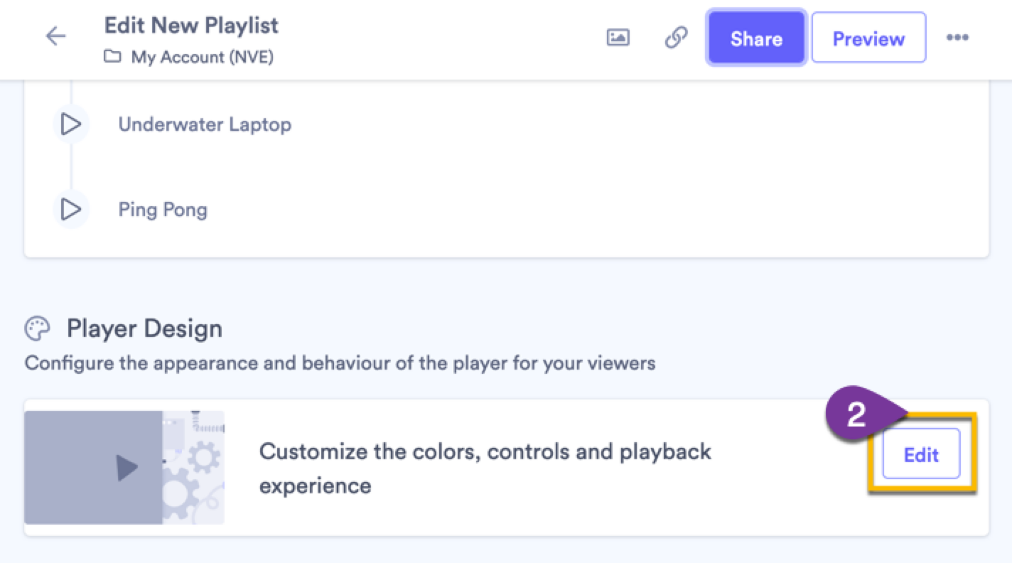 Selecting the Edit button to open the Player Design settings for the playlist