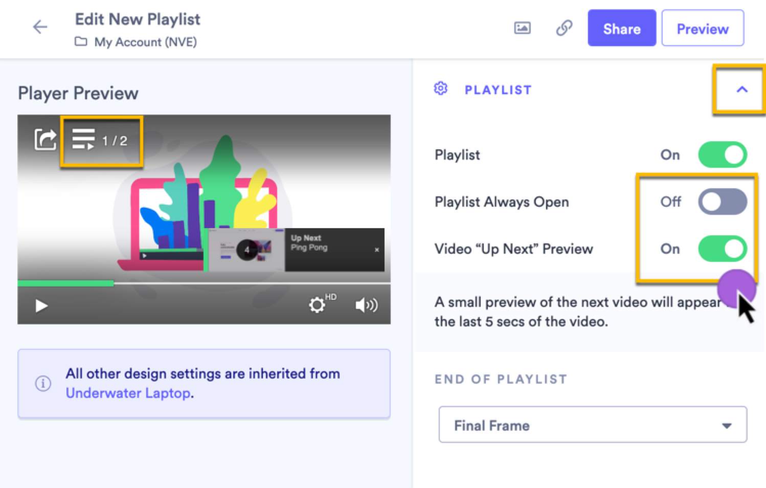 Using the settings toggles to determine the behavior of the playlist