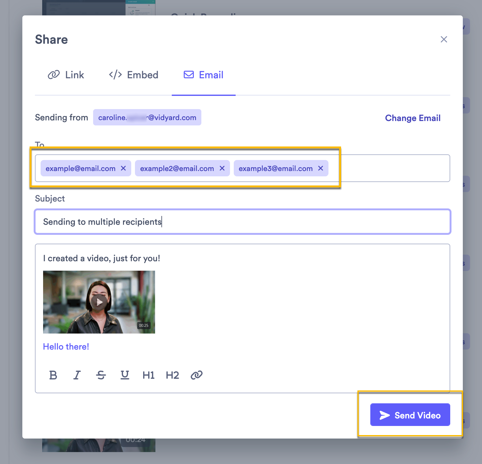 Vidyard email send modal open with multiple recipients in the to field