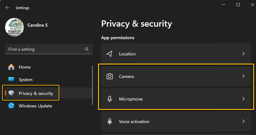 Windows settings privacy and security section with camera and microphone options highlighted
