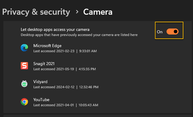 Camera section under privacy and security with toggle to let desktop apps access camera turned on
