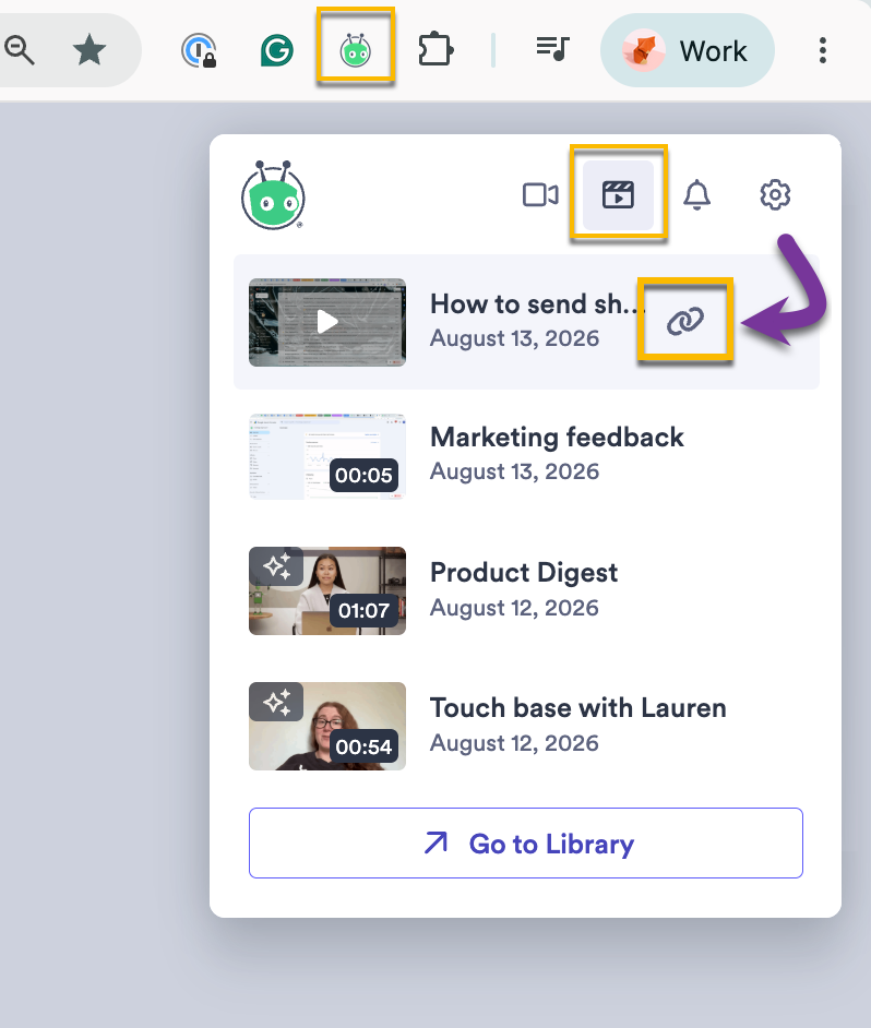 Chrome extension library open with option to copy identifying link highlighted