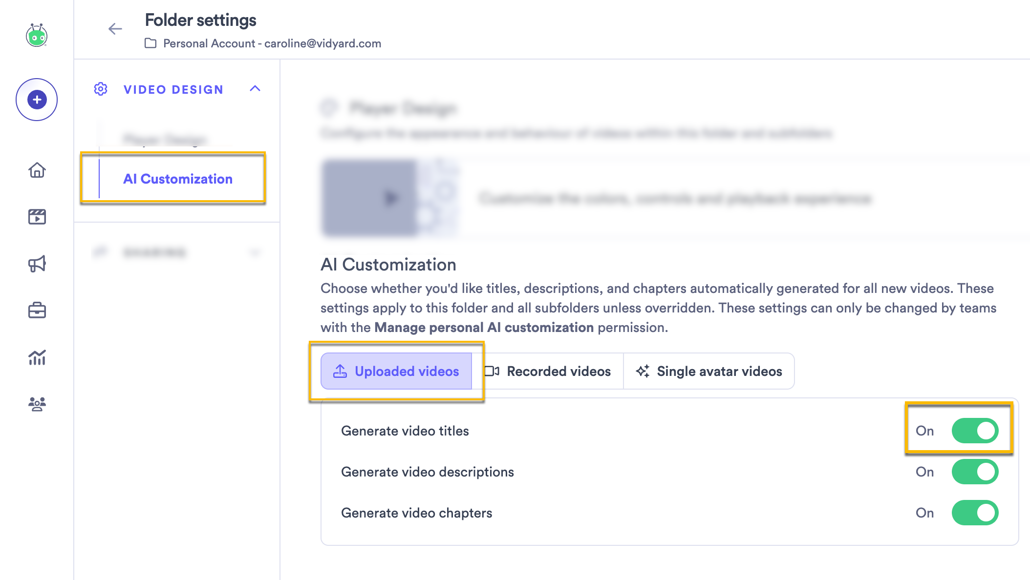 AI customization settings on a personal folder with options to generate titles, descriptions, and chapters enabled