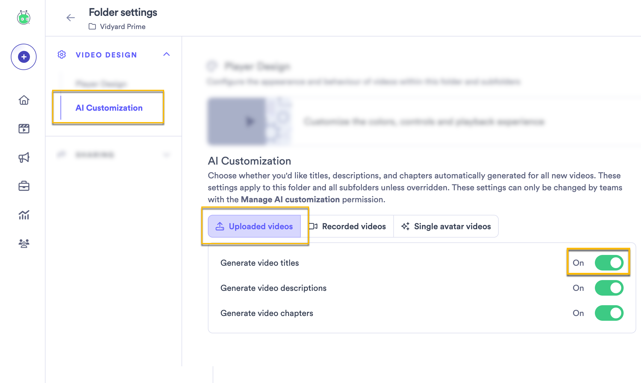 AI customization settings on a shared folder with options to generate titles, descriptions, and chapters enabled