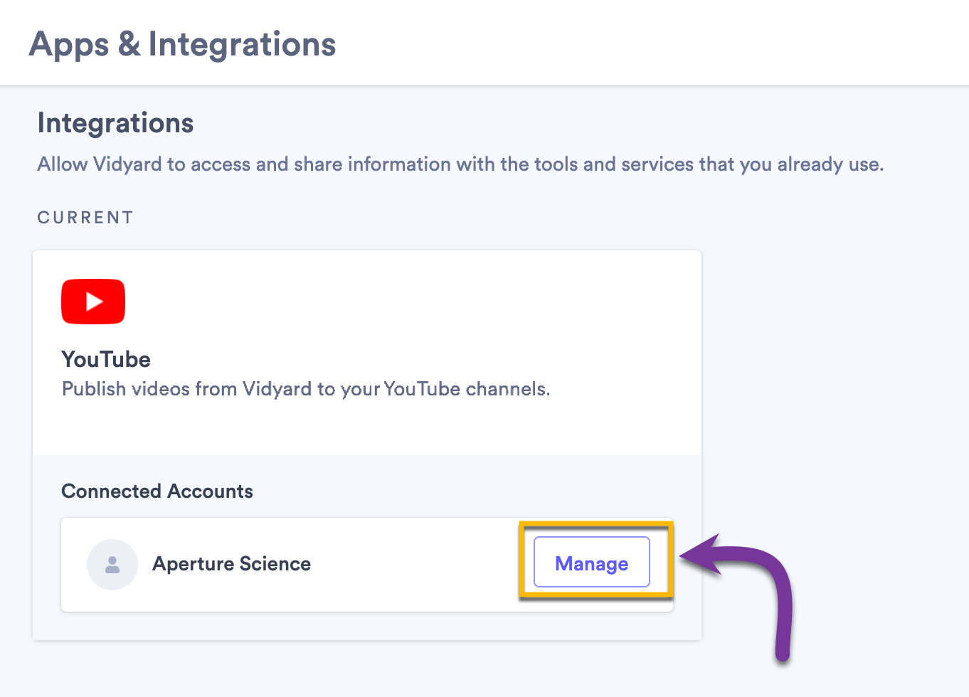 Vidyard integrations page showing how to manage YouTube connection