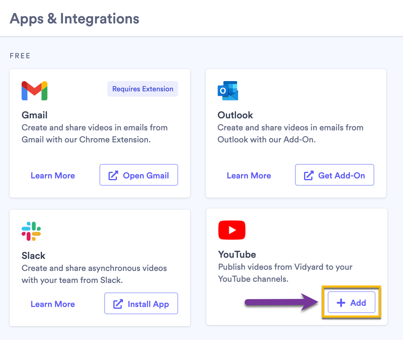 Select the Add button next to YouTube on the integrations page in Vidyard