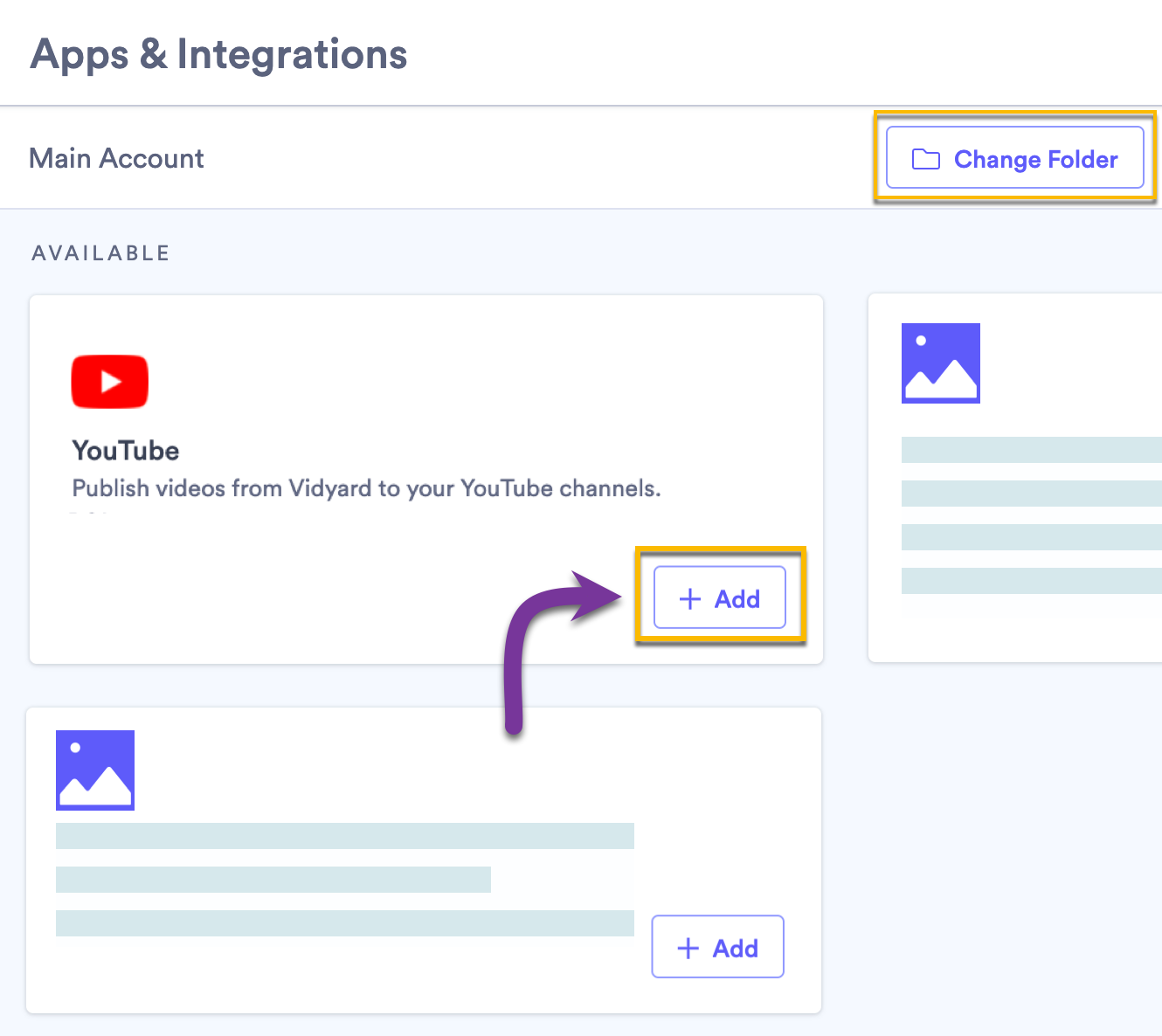 Vidyard Teams integration page showing how to add a YouTube integration