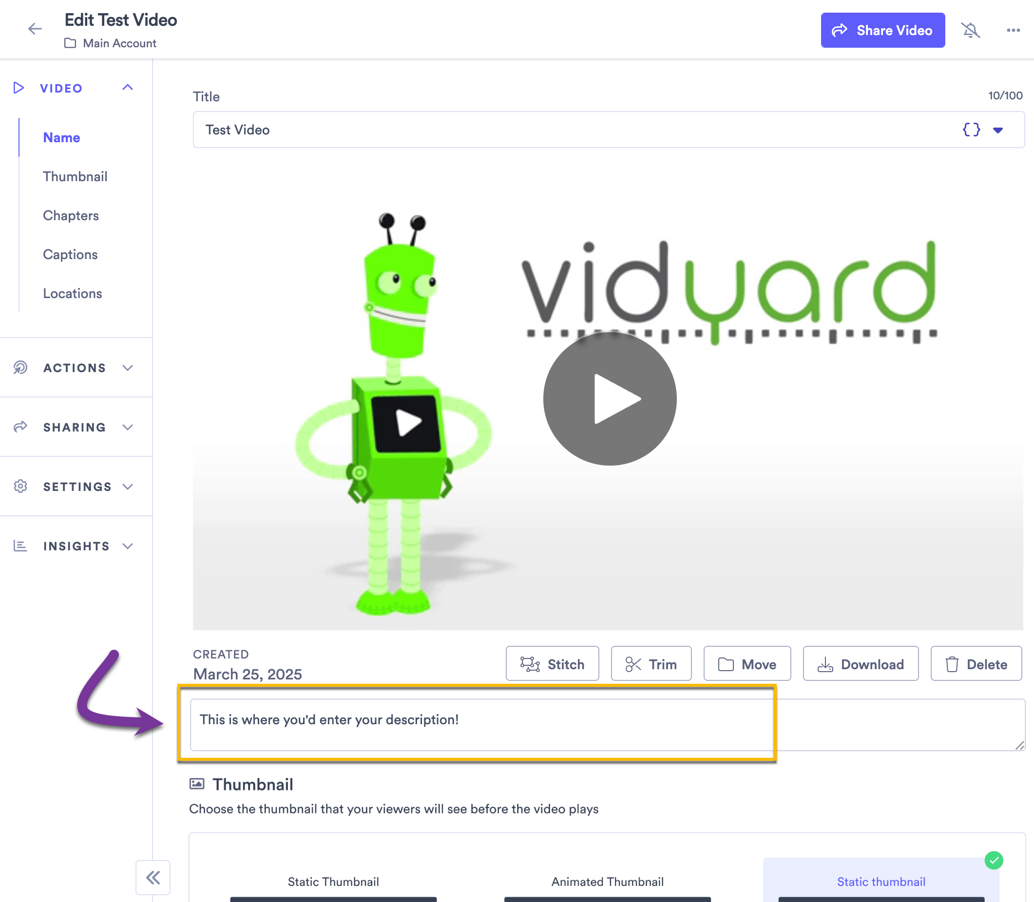Video description field filled out underneath the video on the edit page