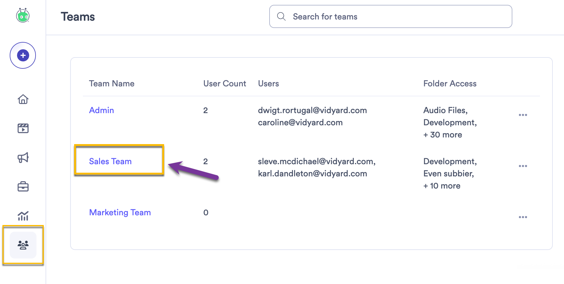 Selecting a team to manage permissions and settings