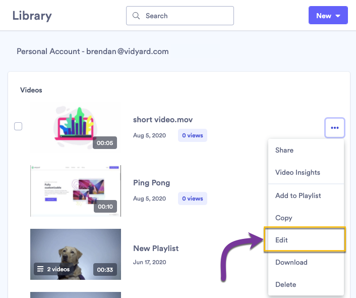 Selecting a video from your library to edit