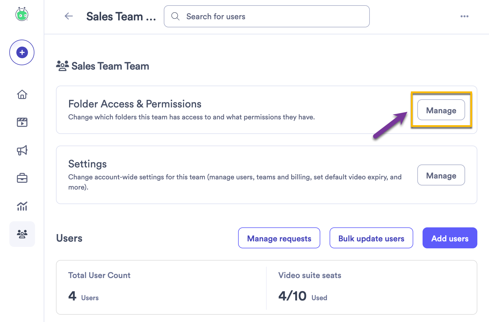 Selecting the Manage button to begin editing folder permissions