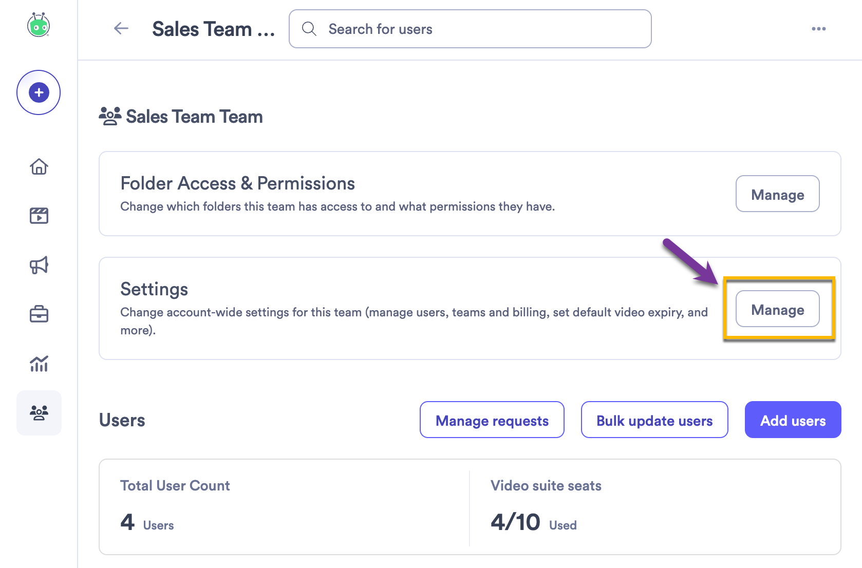 Selecting the manage button to change account-wide permissions in Team Settings