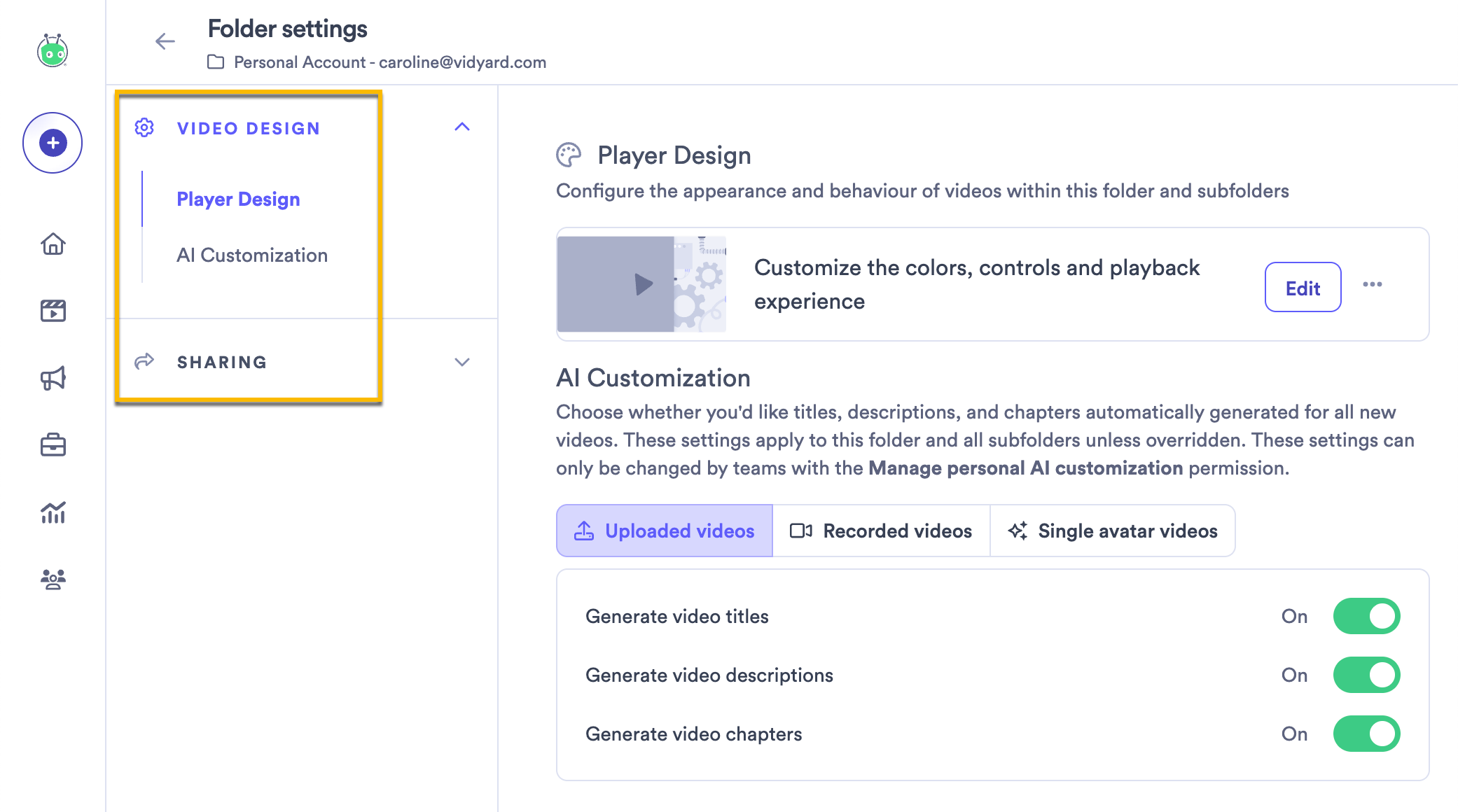 Selecting the type of defaults you want to change, design or access settings