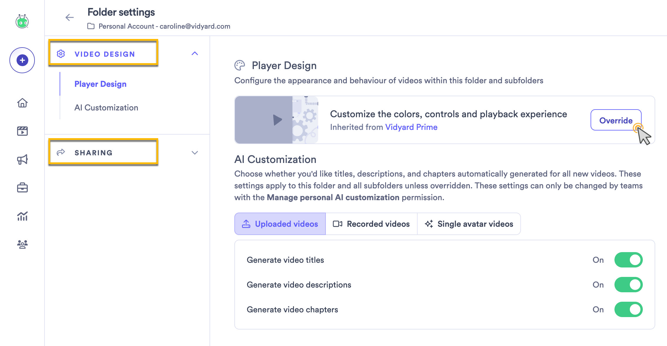 Selecting the Override button to exempt the folder from either the design or access defaults being inherited from the parent folder