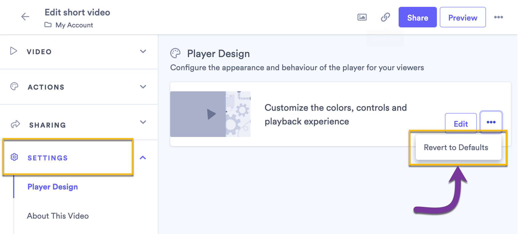 Making a video re-inherit the design defaults from the folder