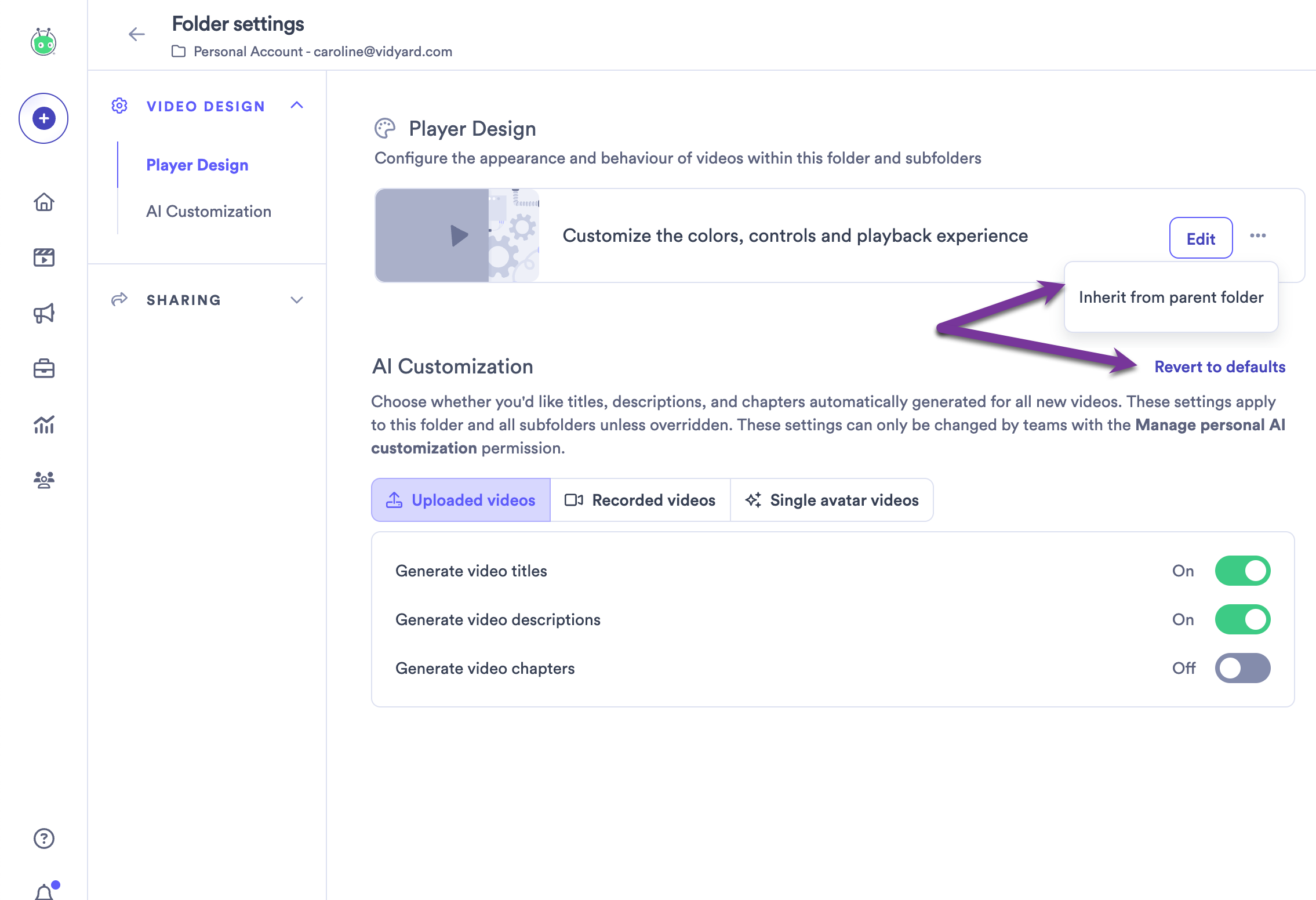 Making a folder re-inherit the video design or access defaults and AI customization defaults from the parent folder