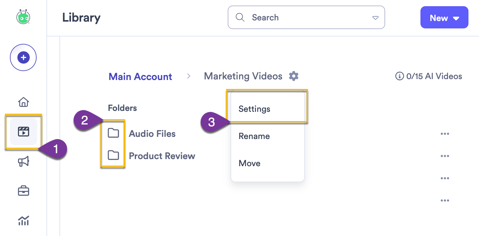 Selecting the settings button next to a folder to change the default settings