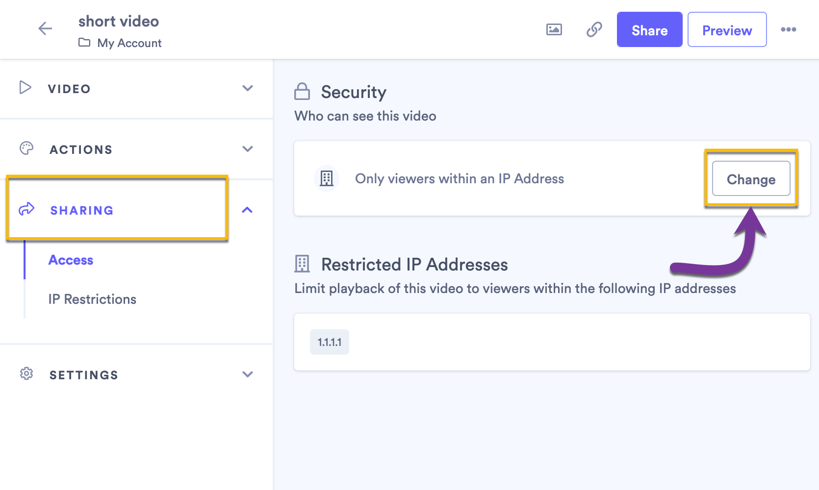 Changing the access settings for a video