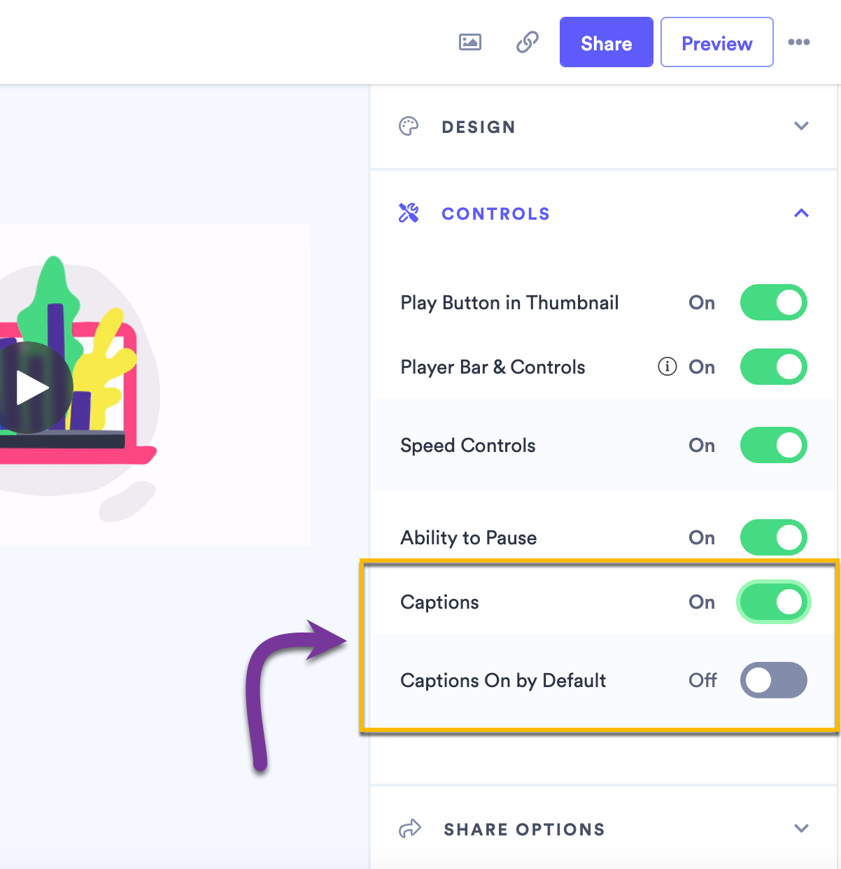 Video player design settings page showing captions toggles
