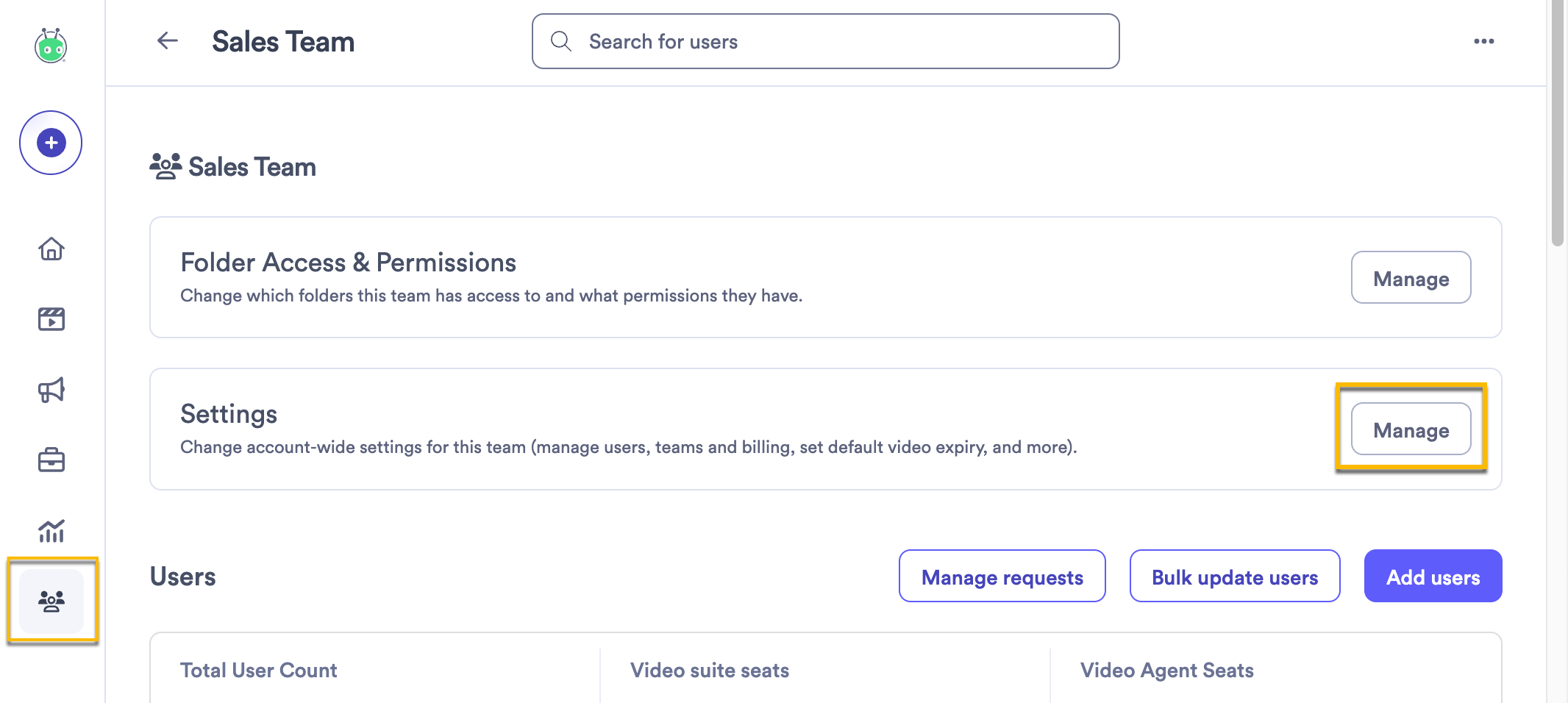 Vidyard Team page with option to manage team settings selected