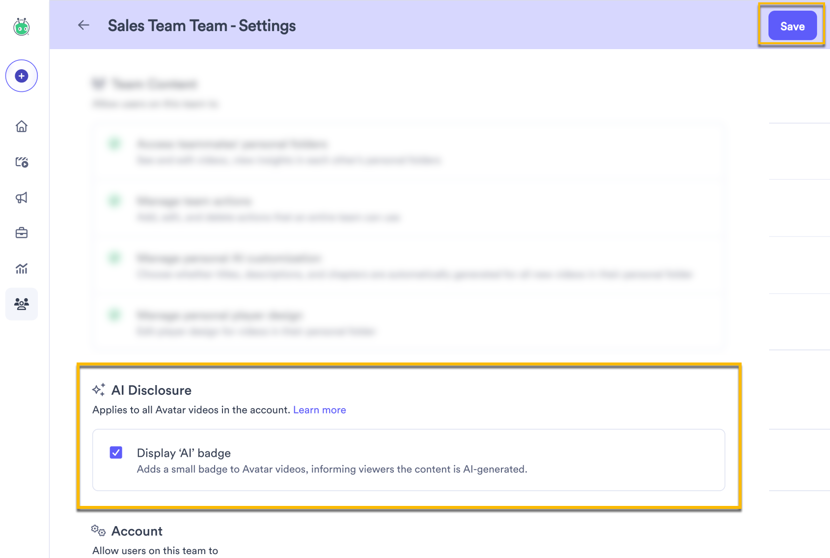 Team settings page with box to enable display AI badge checked