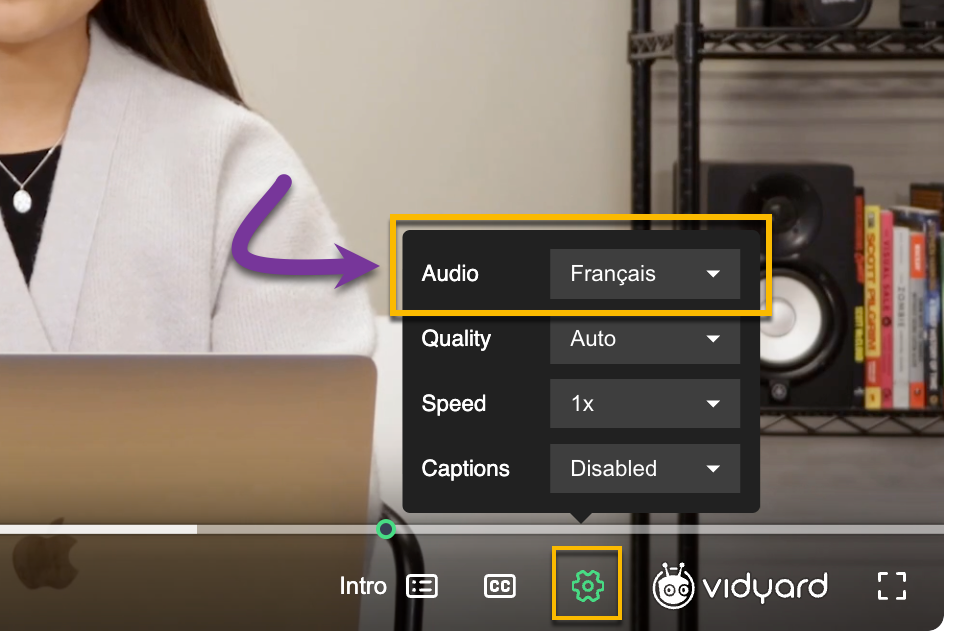 Vidyard player settings open with option to change audio track selected