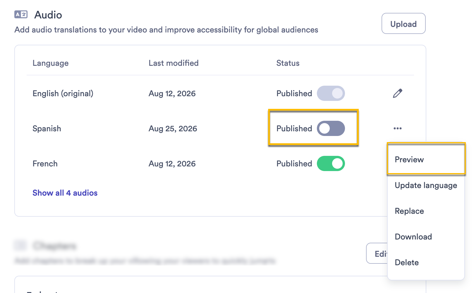 Video edit page audio section with publishing toggle and preview options highlighted