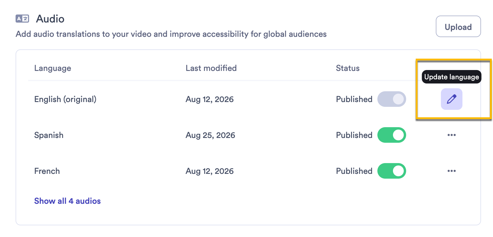 Edit icon to update original video language highlighted