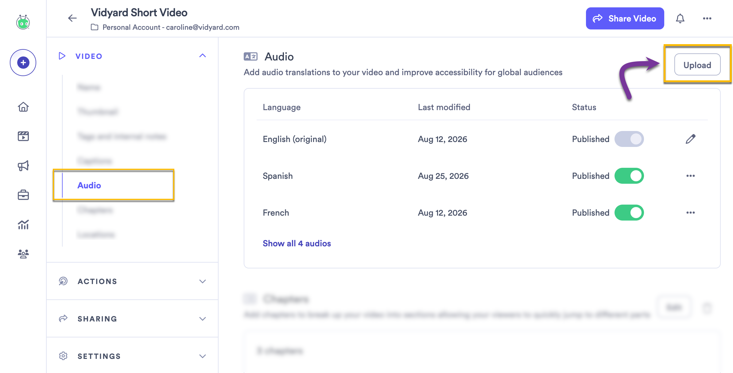 Video edit page with option to upload new file highlighted in the audio section