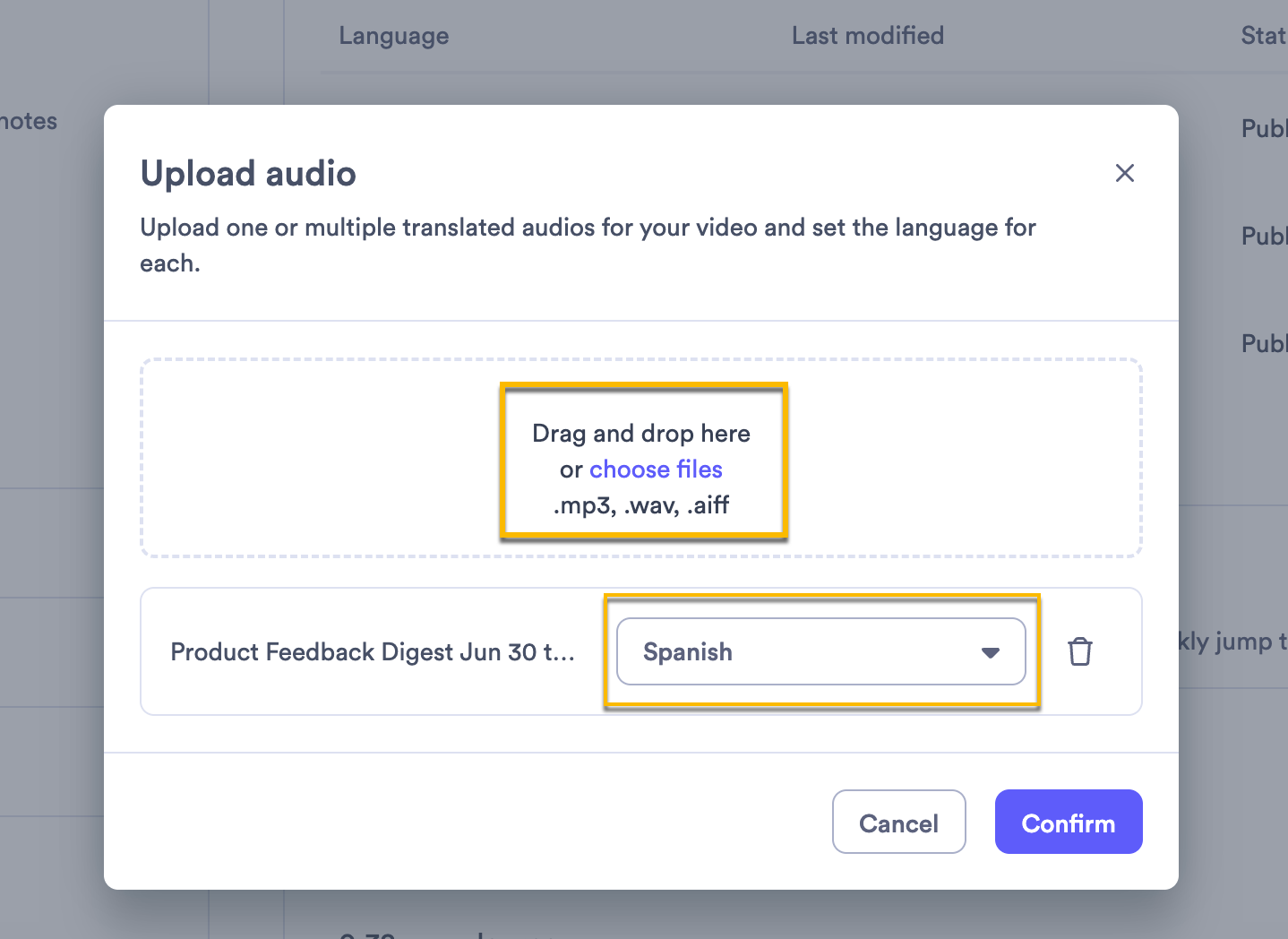 Audio file uploader with option to drag and drop files or choose from computer