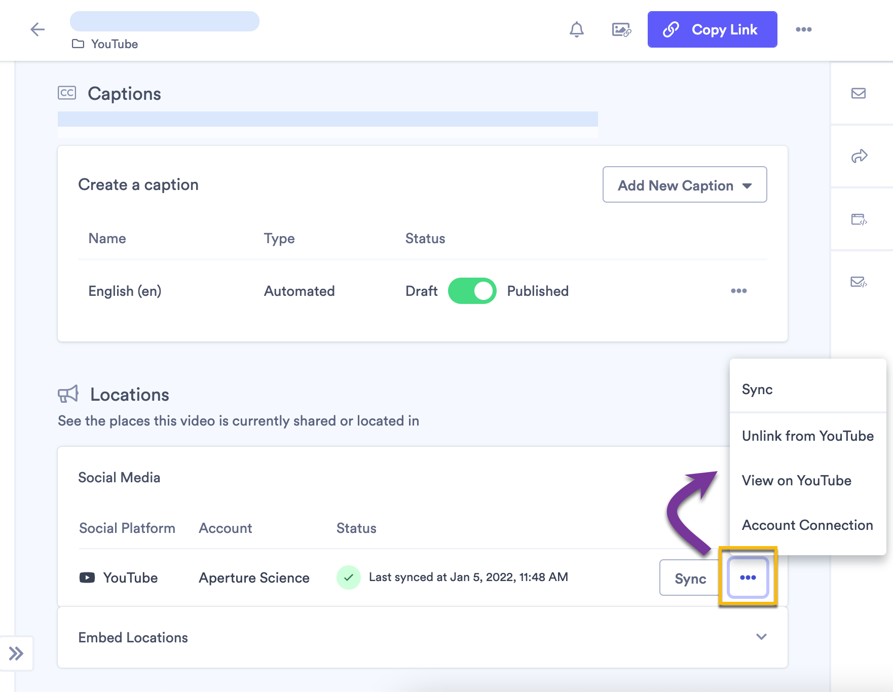 Video edit page showing YouTube sync menu and options on managing connection
