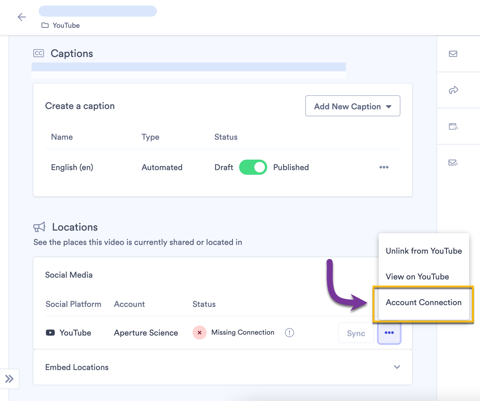 Selecting the Account Connection button from the video Locations panel