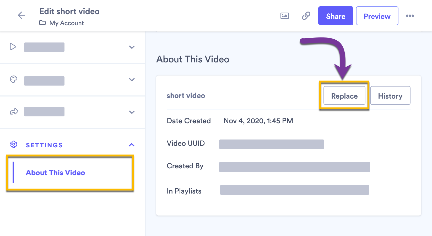 Video edit page under Settings menu with option to replace highlighted