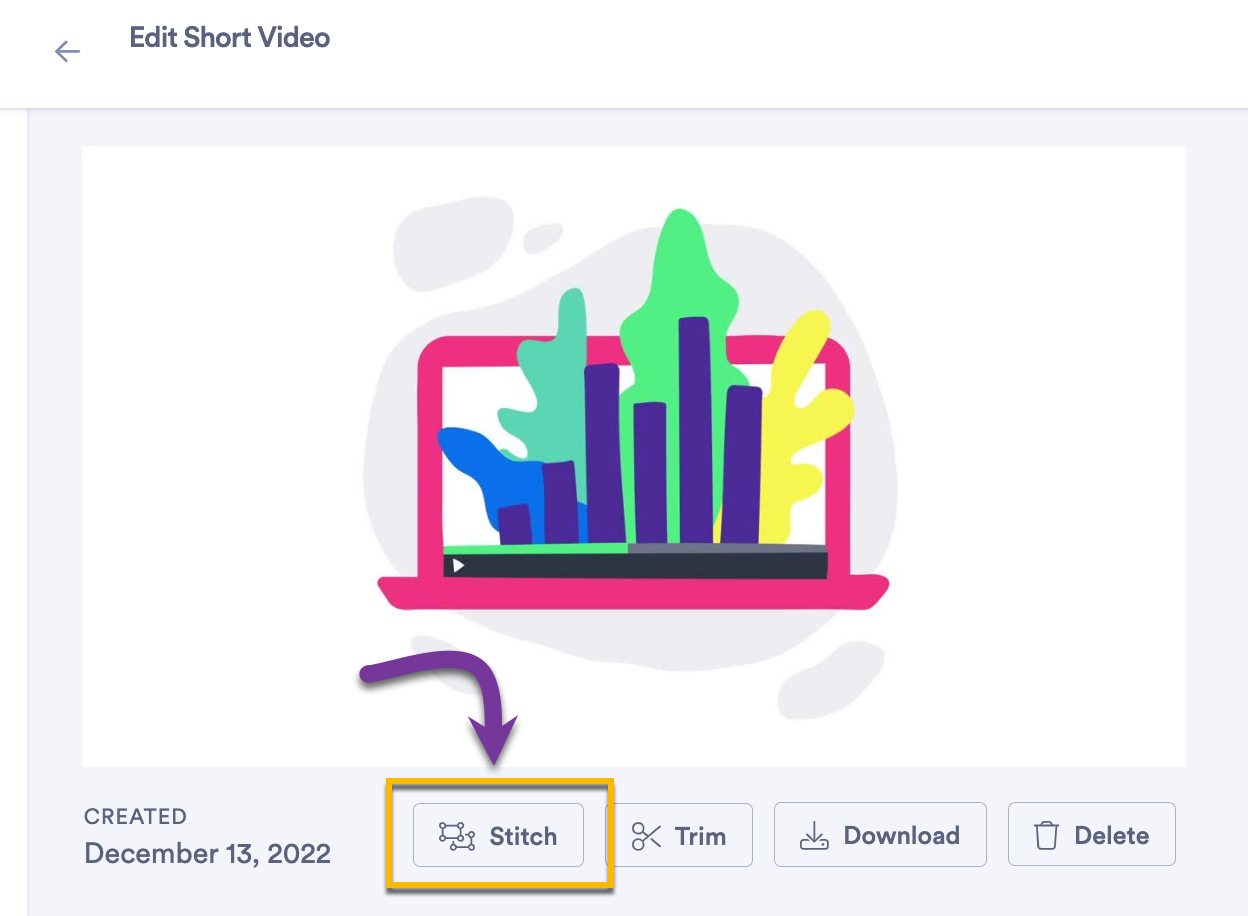 Stitch videos button on video's edit page underneath video preview