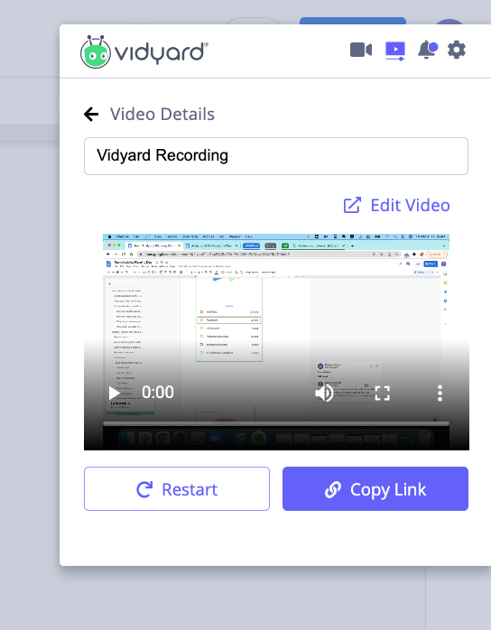 Vidyard extension post-recording modal showing options to change video elements